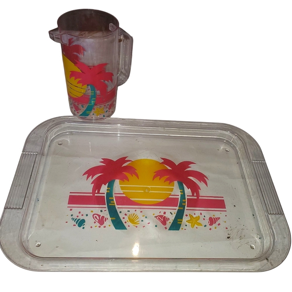 Vintage Plastic Tropical Drink Pitcher And Tray